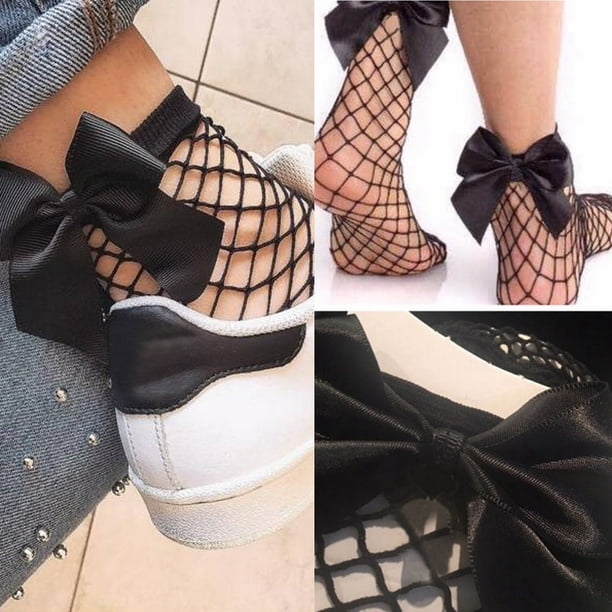 Fashion Women Ruffle Fishnet Ankle High Socks Bow Mesh Lace Fish Net Short Socks